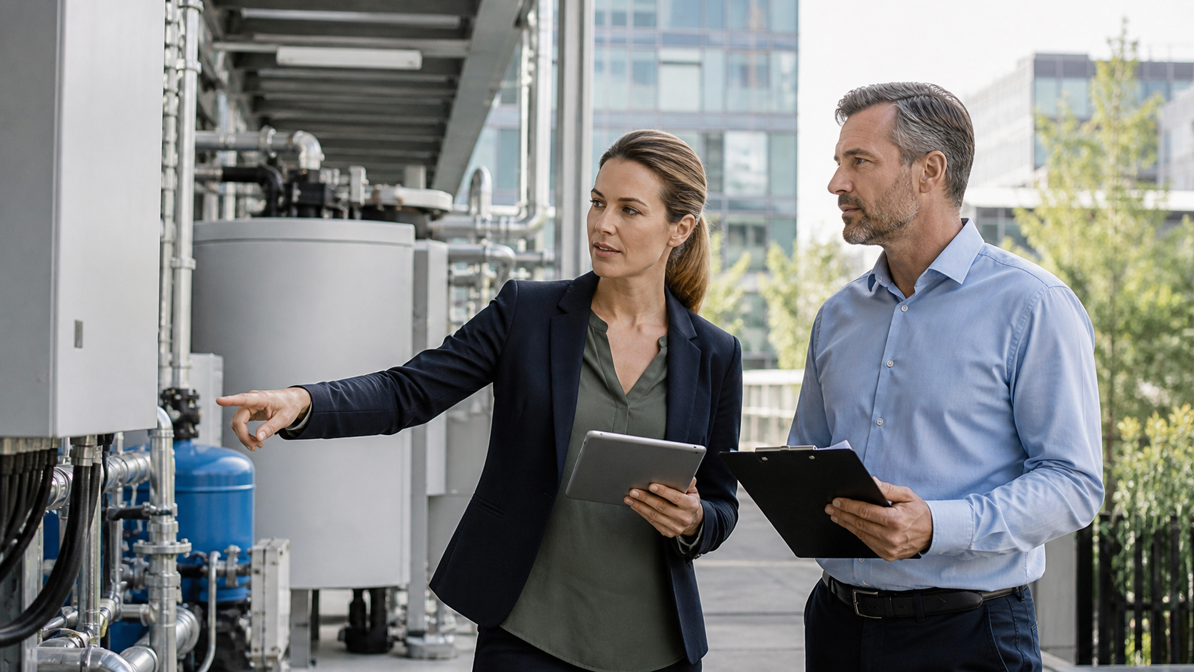 Sustainability professionals reviewing ESG and net zero performance in an operational setting