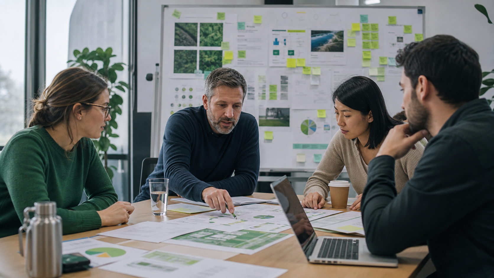 Consulting team building a practical sustainability strategy roadmap with evidence and milestones