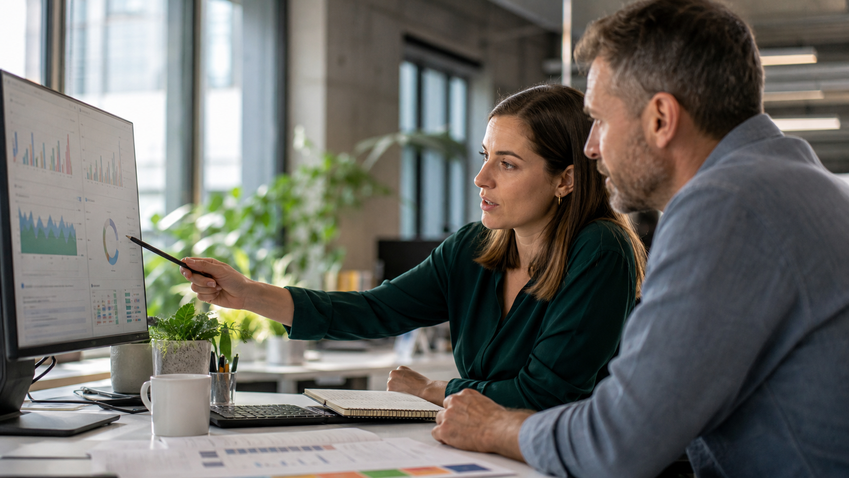 Sustainability team reviewing ESG data and practical net zero priorities