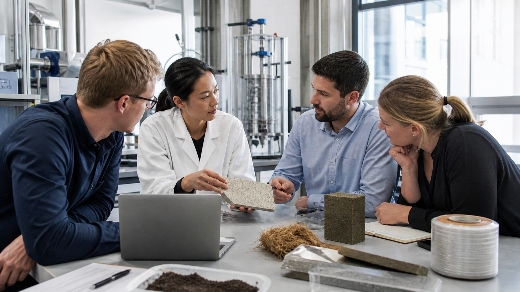 Researchers and business collaborators developing sustainability innovation into practical impact